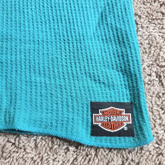 Vintage 90s Harley Davidson Teal Thermal Waffle Knit Top XL Flames Eagle 1993 - Picture 7 of 13